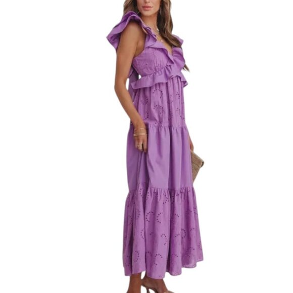 VICI Eyelet Tiered Ruffle Sleeve Women's Purple Maxi Dress Small - Picture 3 of 15